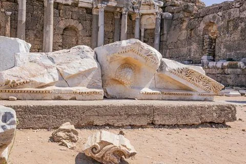 Remains of columns at Devlet Agorasi in Side, Turkey Stock Photos