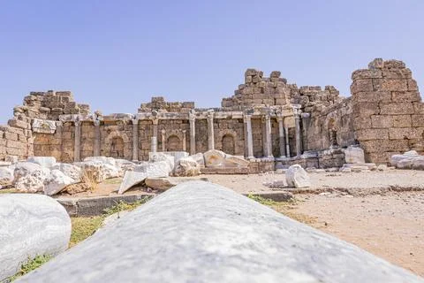 Remains of columns at Devlet Agorasi in Side, Turkey Stock Photos