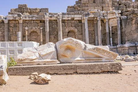 Remains of columns at Devlet Agorasi in Side, Turkey Stock Photos
