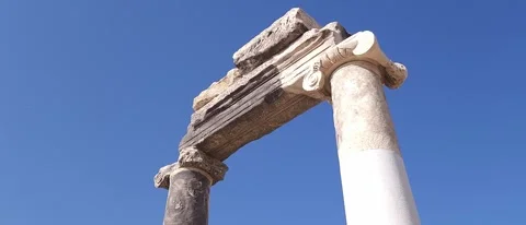 Remains of columns from the Temple of Zeus in ancient Hierapolis. Pamukkale. Stock Footage 321138595