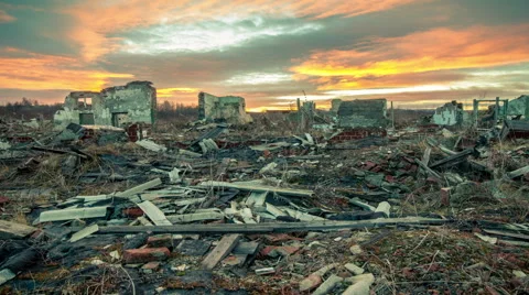 The remains of destroyed houses at sunset timelapse. Stock Footage 57961953
