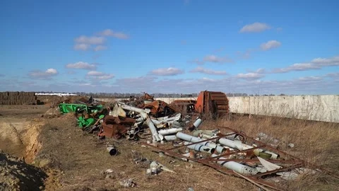 Remains of exploded ammunition, shells of multiple launch rocket systems Stock Footage 313365113