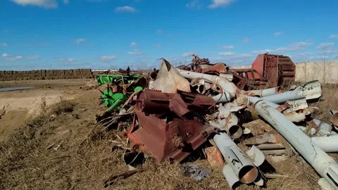 Remains of exploded ammunition, shells of multiple launch rocket systems Stock Footage 313365129