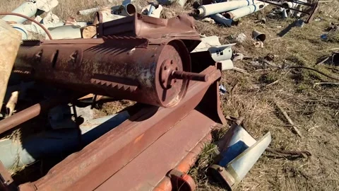 Remains of exploded ammunition, shells of multiple launch rocket systems Stock Footage 313365138