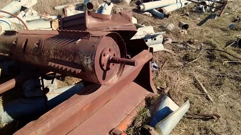 Remains of exploded ammunition, shells of multiple launch rocket systems Stock Footage 313365139