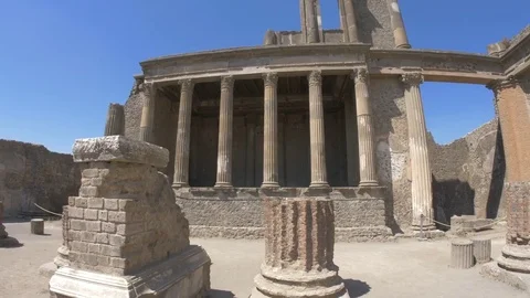 The remains of the facade with columns of Pompeii after the eruption of Vesuvius Stock Footage 81064730