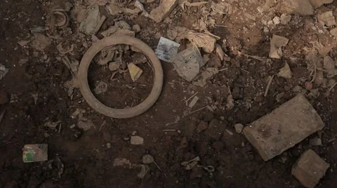 The remains of human activity are on the bottom of the dried up lake. Stock Footage 44827553