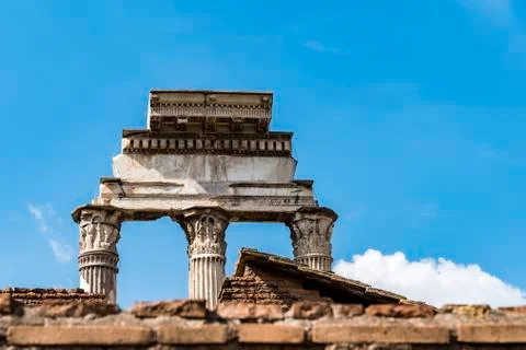 Remains of the three pillars of Temple of Castor and Pollux, Roman Forum. Stock Photos