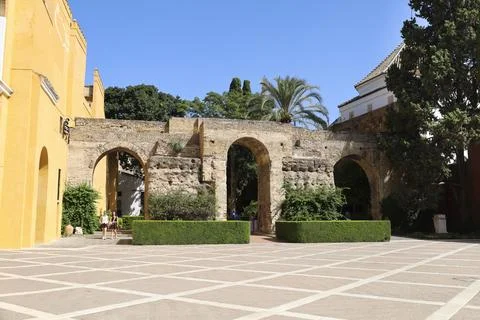 Remains of the walls in Patio de la Monteria Courtyard in The Historic Roya.. Stock Photos