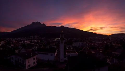 Remarkable sunset from marvellous balcony view on oustanding mt pilatus horw Stock Photos