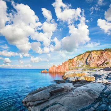 Remarkable sunset view of Red Rocks (Rocce Rosse) in Arbatax. Foto stock