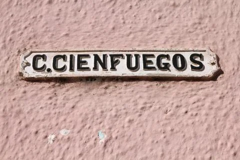 Remedios, Cuba - vintage street sign at Camilo Cienfuegos street. Camilo Cien Stock Photos