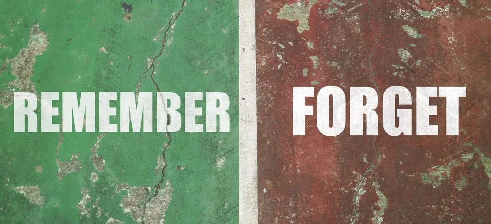REMEMBER and FORGET text in white bold font, separated by a white vertical .. Stock Photos