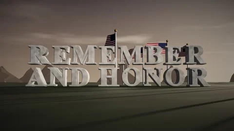Remember And Honor Pale Granite 3D Letters with Rows of American Flags in a Stock Footage 343023815