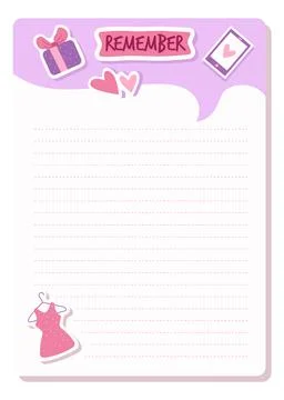 Remember planner sheet. Pink girly organizer or notebook page. School stationery Stock Illustration