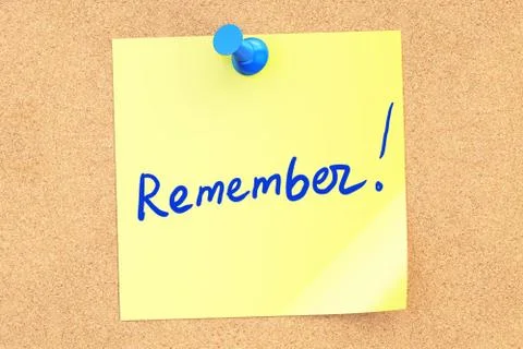 Remember text on a sticky note pinned to a corkboard. 3D rendering Stock Illustration