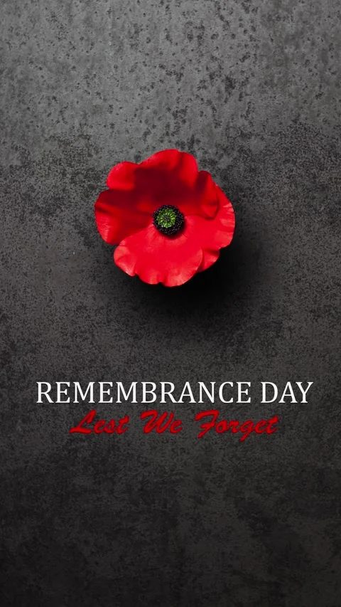 Remembrance Day Lest We Forget inscription with Poppy flower on rusty iron Stock Footage 319821179