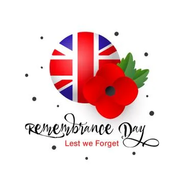Remembrance Day vector poster. Lest We Forget. Poppy and Flag of the United K Illustrazione stock