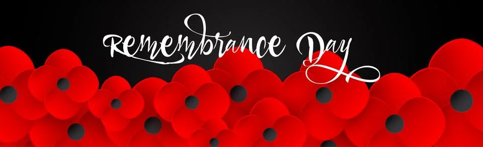 Remembrance Day web header. Lest We forget caslligraphy. Poppy flowerf peace. Stock Illustration