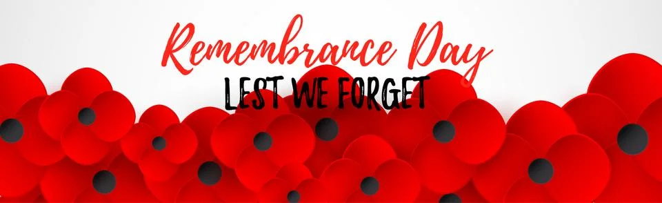 Remembrance Day web header. Lest We forget caslligraphy. Poppy flowerf peace. Stock Illustration