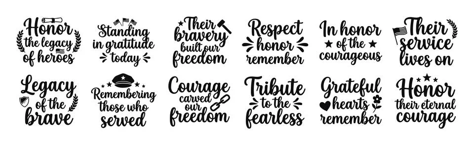 Remembrance Tribute Typography Bundle Honoring Courage Freedom Legacy Stock Illustration