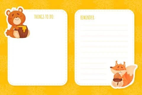 Reminder and Note Card with Funny Forest Animal Vector Template Stock Illustration