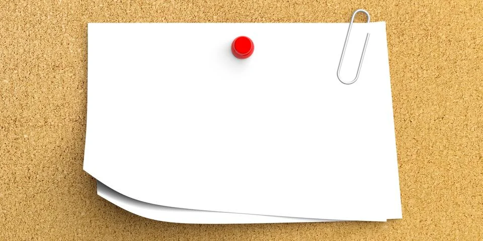 Reminder concept. White write notes with pushpin and paperclip isolated on co Stock Illustration