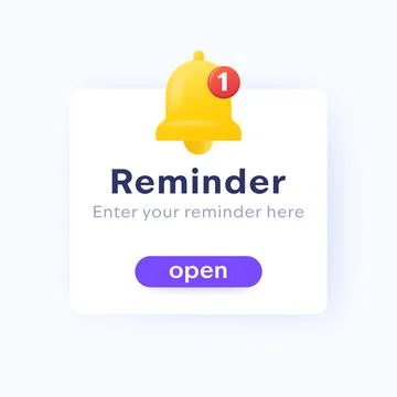 Reminder design with 3d bell icon, vector ui Stock Illustration