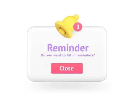 Reminder push notification window settings application button ring bell 3d .. Illustrazione stock
