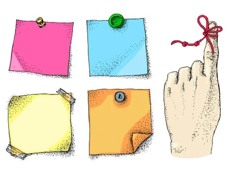 Reminder string on finger and paper stickers 스톡 일러스트