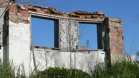 Remnants of a wall with window openings Stock Footage 138941126