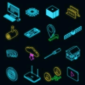 Remote access icons set vector neon Stock Illustration