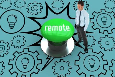 Remote against digitally generated green push button Stock Illustration
