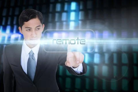 Remote against glowing codes on black background Stock Illustration