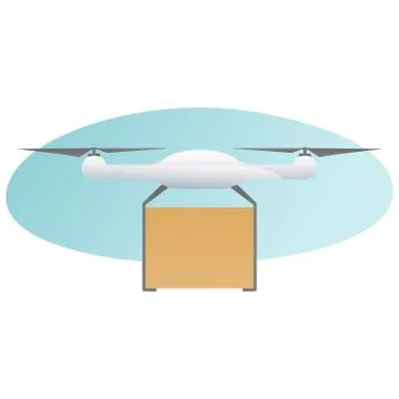 Remote air drone with a box flying in the sky. Modern delivery of the package by Illustrazione stock