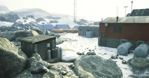 Remote Arctic research facility surrounded by snow and rocky terrain Stock Illustration