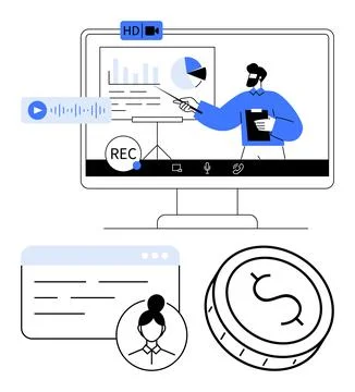 Remote business presentation with data analysis and financial growth, featuring Stock Illustration