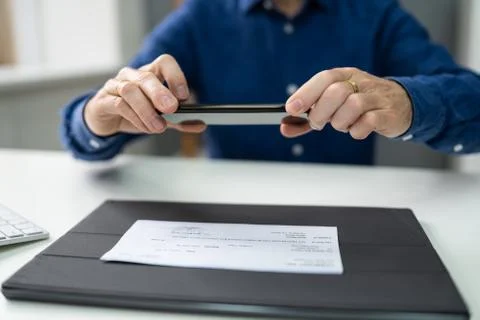 Remote Check Deposit Using Mobile Photo. Scanning Documents Stock Photos