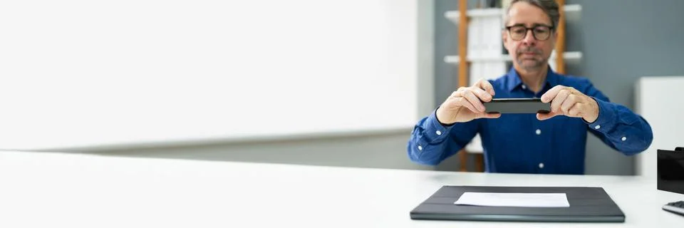 Remote Check Deposit Using Mobile Photo. Scanning Documents Stock Photos