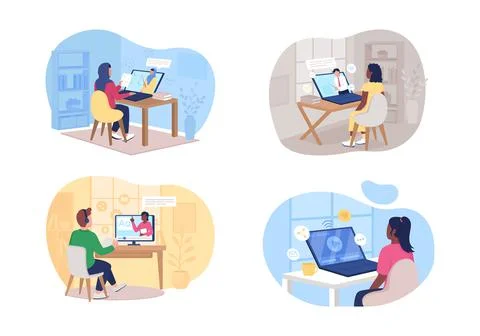 Remote class 2D vector web banner, poster set Illustrazione stock