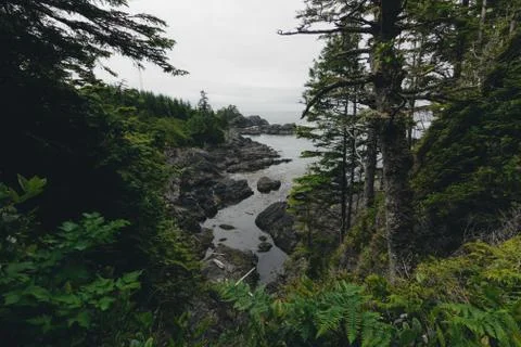 Remote coastal view with islands, cliffs and clouds Stock Photos