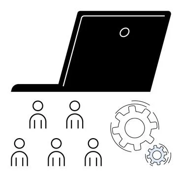 Remote Collaboration Tools with Laptop, Team Members, and Gear Symbols High.. Ilustração Stock