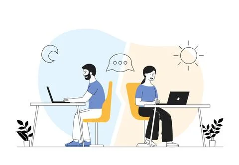 Remote communication concept. Man and woman sit at computers and communicate via Stock Illustration
