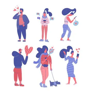 Remote communication at Valentine's day concept. Set of People talking on mobile Stock Illustration
