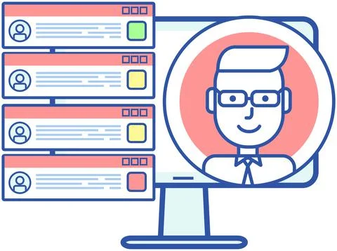 Remote comunication app for computer. Man during online meeting and chatting in Stock Illustration