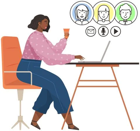 Remote comunication program for computer. Woman with laptop during video 스톡 일러스트