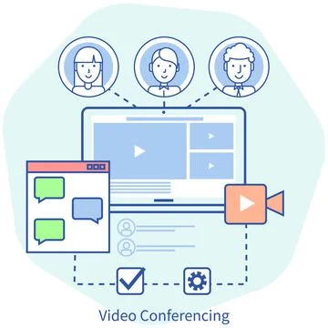 Remote comunication program on monitor. Virtual conference meeting working 스톡 일러스트