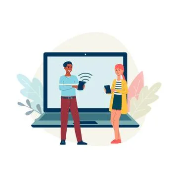 Remote connected devices with people sharing Wi-Fi vector illustration isolated. 库存插图