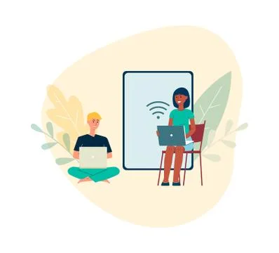 Remote connected devices with wi-fi technology, flat cartoon vector illustration Stock Illustration