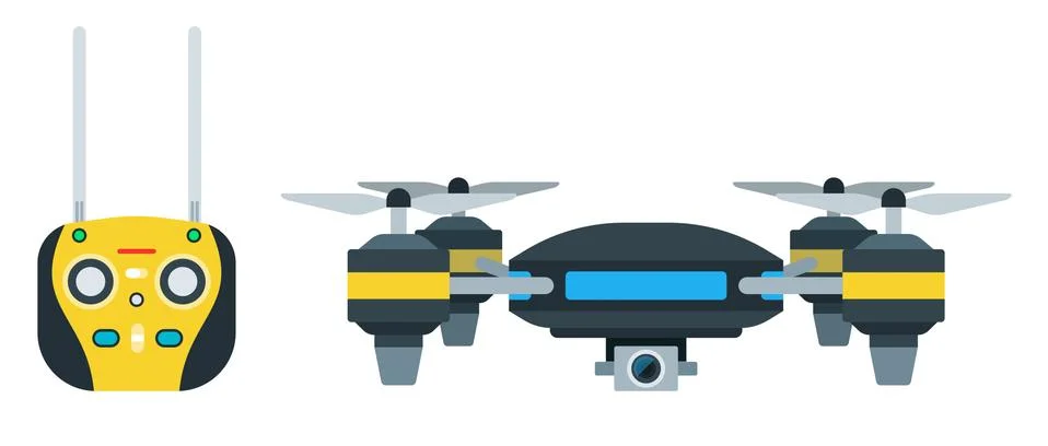 Remote control and flying drone with four propellers and a camera vector icon Stock Illustration